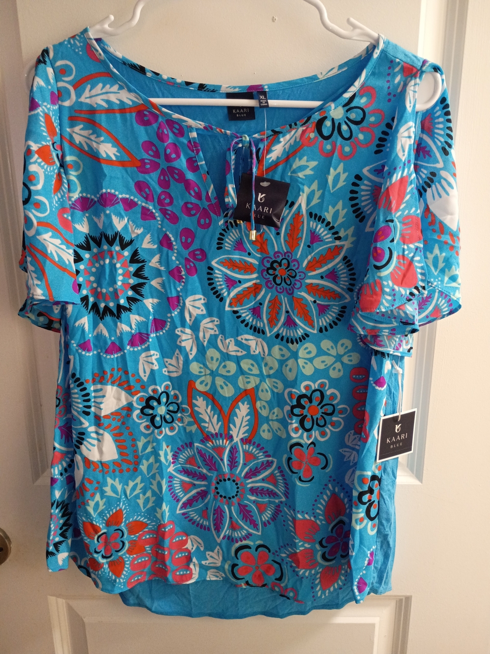 Kaari Blue Turquoise Floral Tie-Front Short Sleeve Tunic